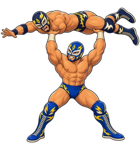 A cobalt-masked cartoon wrestler supports a navy-masked rival overhead.